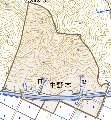 中野木とその周辺の地図。町の範囲を重ねている