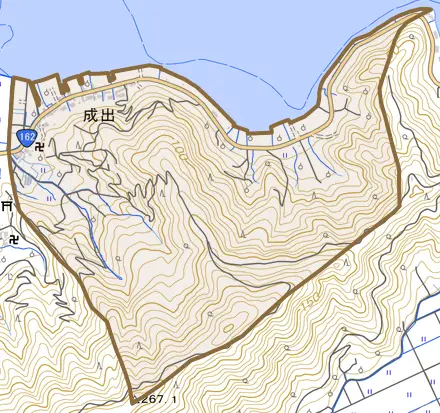 成出とその周辺の地図。町の範囲を重ねている