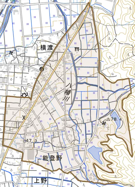 能登野とその周辺の地図。町の範囲を重ねている