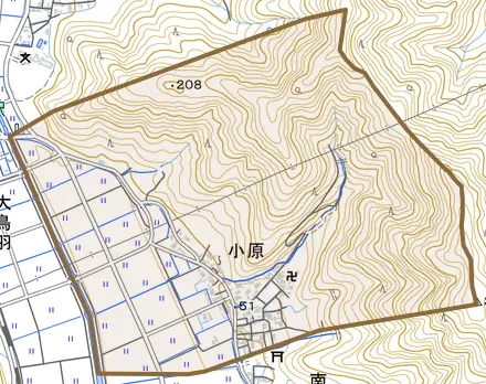 小原とその周辺の地図。町の範囲を重ねている