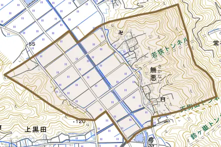 無悪とその周辺の地図。町の範囲を重ねている