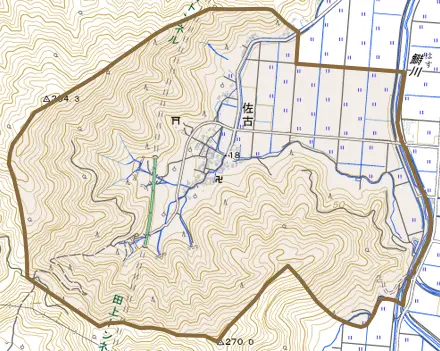 佐古とその周辺の地図。町の範囲を重ねている