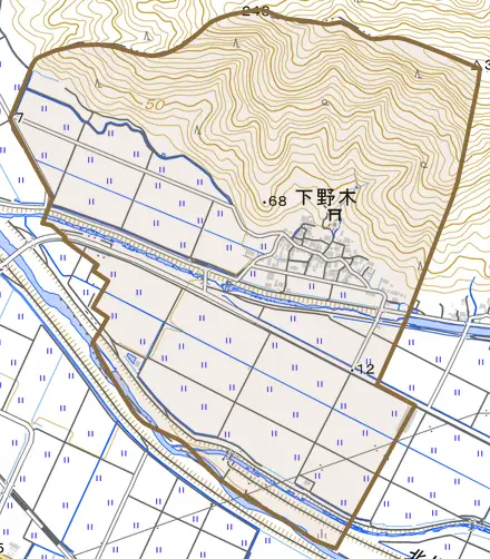下野木とその周辺の地図。町の範囲を重ねている