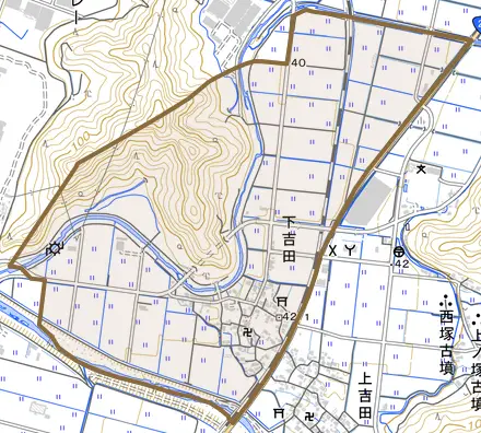 下吉田とその周辺の地図。町の範囲を重ねている