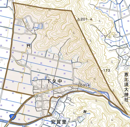 下タ中とその周辺の地図。町の範囲を重ねている
