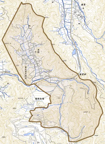 末野とその周辺の地図。町の範囲を重ねている