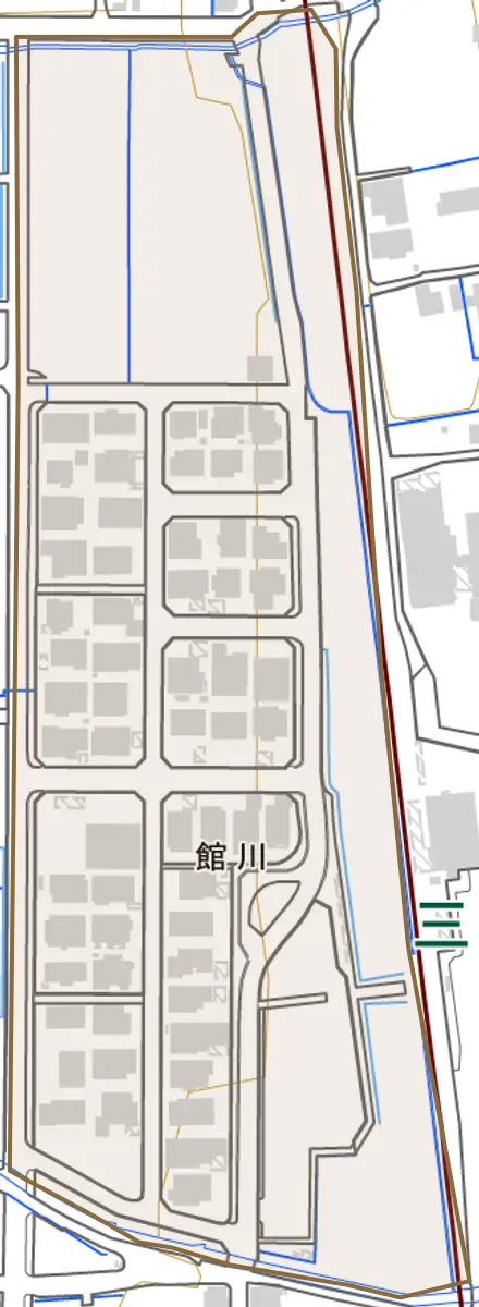 館川とその周辺の地図。町の範囲を重ねている