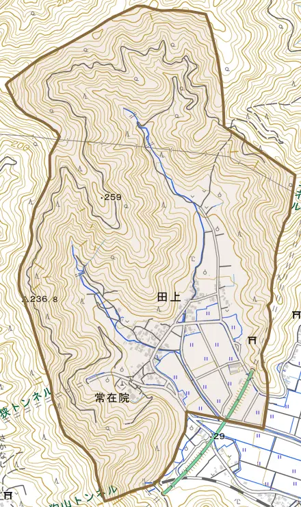 田上とその周辺の地図。町の範囲を重ねている