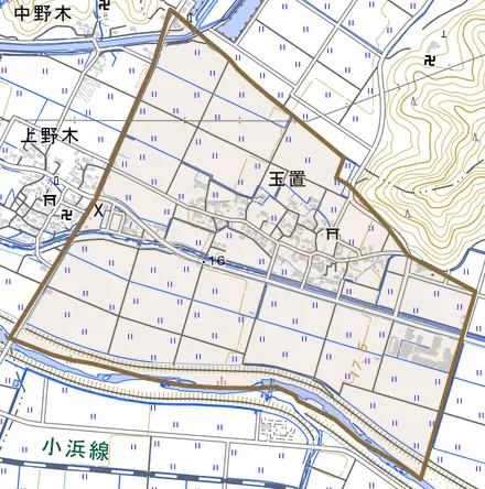 玉置とその周辺の地図。町の範囲を重ねている