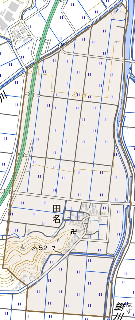 田名とその周辺の地図。町の範囲を重ねている