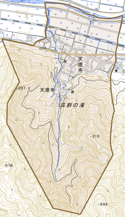 天徳寺とその周辺の地図。町の範囲を重ねている