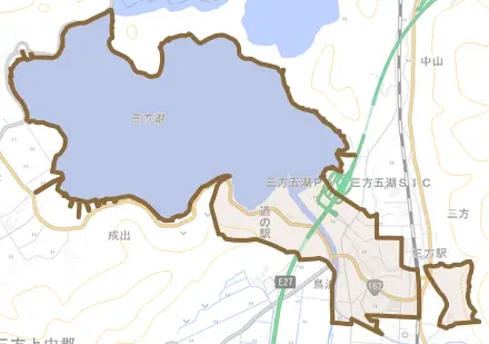 鳥浜とその周辺の地図。町の範囲を重ねている