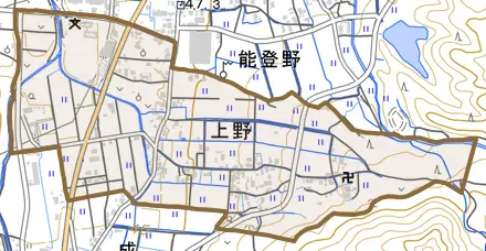 上野とその周辺の地図。町の範囲を重ねている