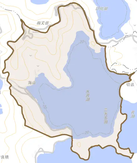 海山とその周辺の地図。町の範囲を重ねている