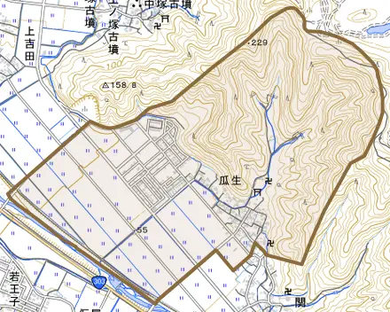 瓜生とその周辺の地図。町の範囲を重ねている