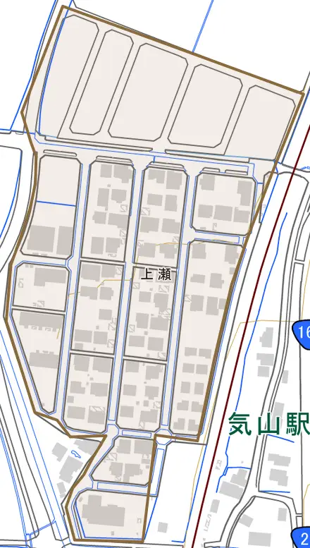 上瀬とその周辺の地図。町の範囲を重ねている