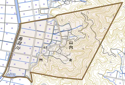 山内とその周辺の地図。町の範囲を重ねている