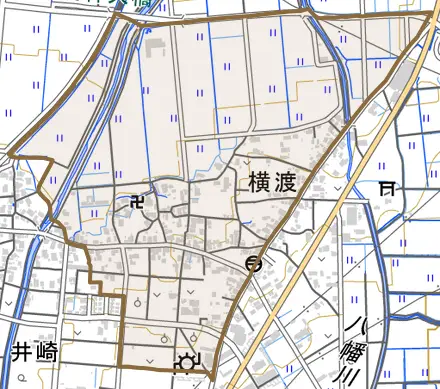 横渡とその周辺の地図。町の範囲を重ねている