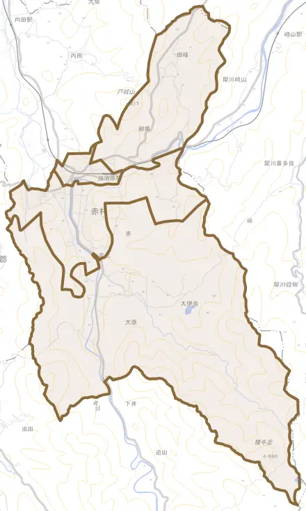 大字赤とその周辺の地図。町の範囲を重ねている