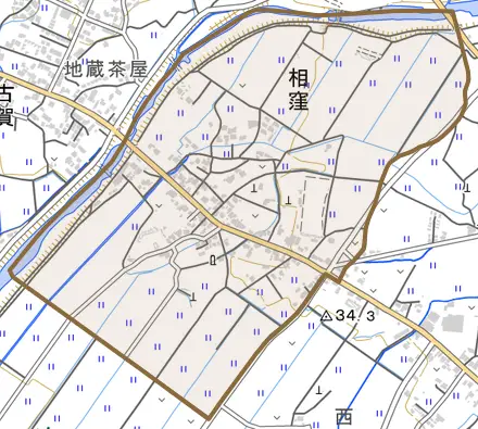 相窪とその周辺の地図。町の範囲を重ねている