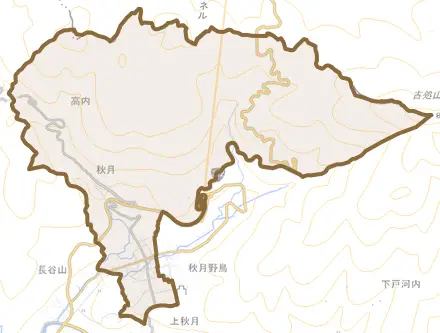 秋月とその周辺の地図。町の範囲を重ねている