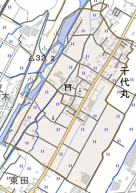 千代丸とその周辺の地図。町の範囲を重ねている
