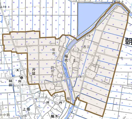 福光とその周辺の地図。町の範囲を重ねている