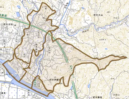 杷木林田とその周辺の地図。町の範囲を重ねている