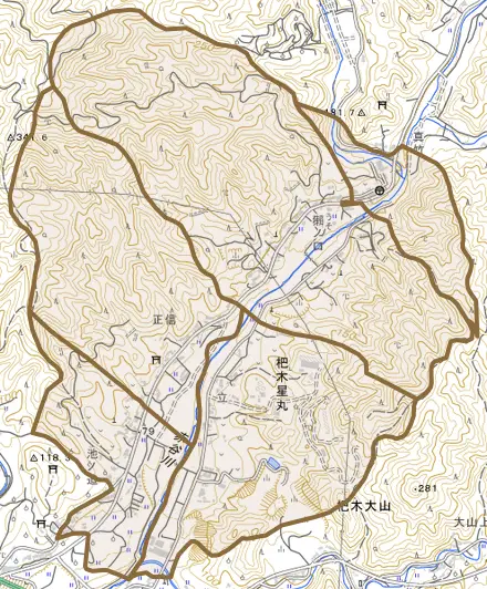 杷木星丸とその周辺の地図。町の範囲を重ねている