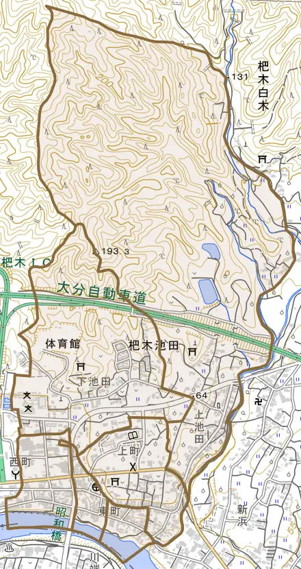 杷木池田とその周辺の地図。町の範囲を重ねている