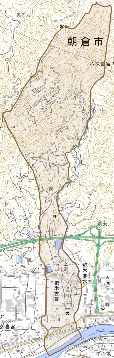 杷木古賀とその周辺の地図。町の範囲を重ねている