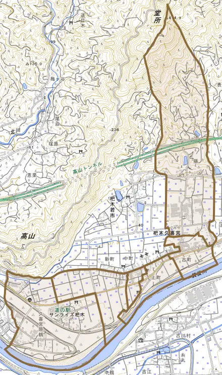 杷木久喜宮とその周辺の地図。町の範囲を重ねている