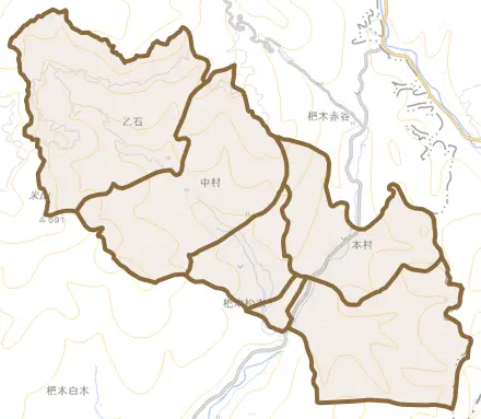 杷木松末とその周辺の地図。町の範囲を重ねている