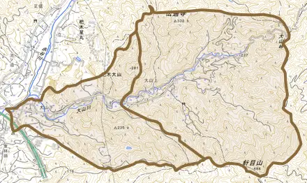 杷木大山とその周辺の地図。町の範囲を重ねている