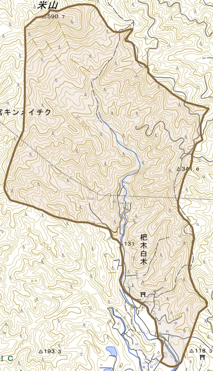 杷木白木とその周辺の地図。町の範囲を重ねている