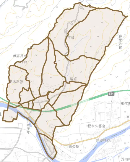杷木志波とその周辺の地図。町の範囲を重ねている