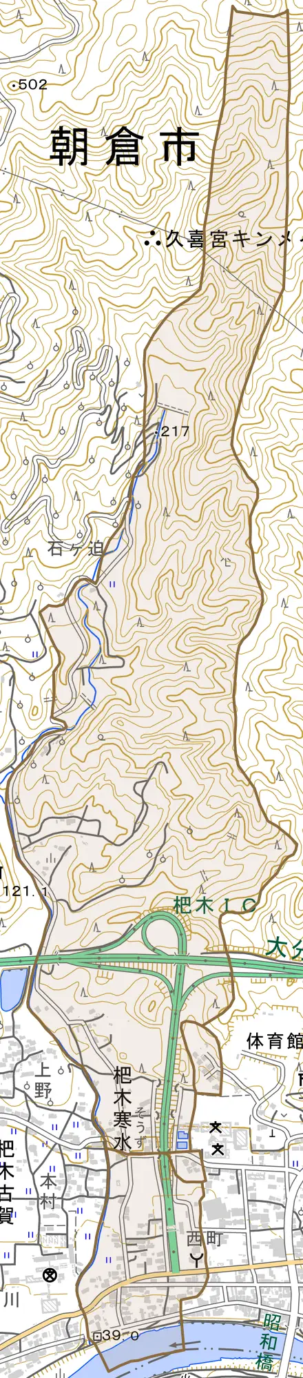 杷木寒水とその周辺の地図。町の範囲を重ねている