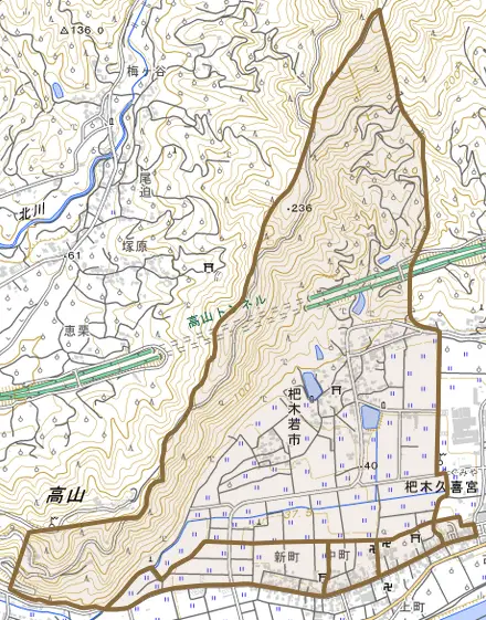 杷木若市とその周辺の地図。町の範囲を重ねている