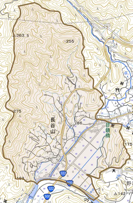 長谷山とその周辺の地図。町の範囲を重ねている