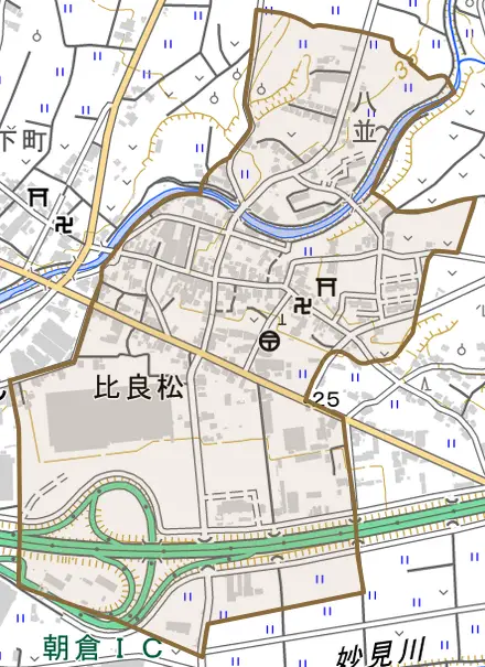 比良松とその周辺の地図。町の範囲を重ねている