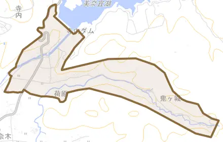 荷原とその周辺の地図。町の範囲を重ねている