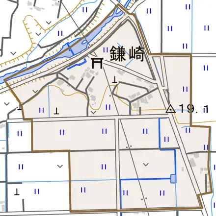 鎌崎とその周辺の地図。町の範囲を重ねている