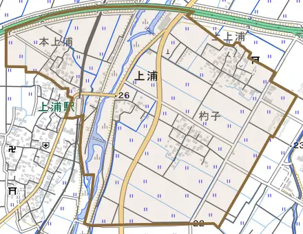 上浦とその周辺の地図。町の範囲を重ねている