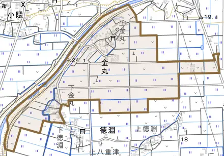 金丸とその周辺の地図。町の範囲を重ねている