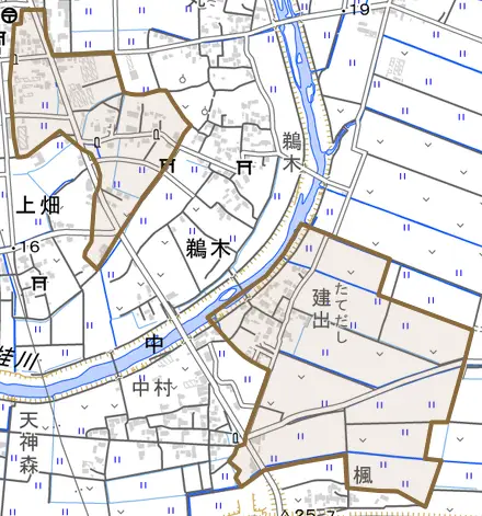 片延とその周辺の地図。町の範囲を重ねている
