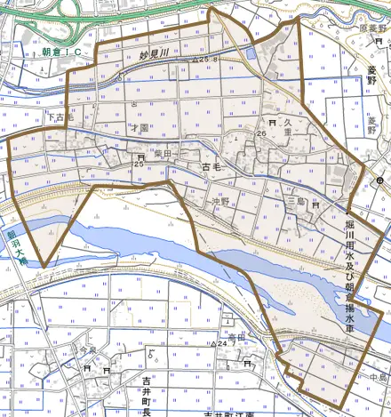 古毛とその周辺の地図。町の範囲を重ねている