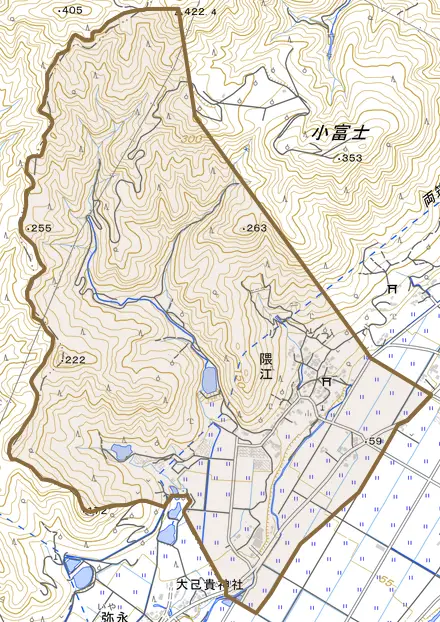 隈江とその周辺の地図。町の範囲を重ねている