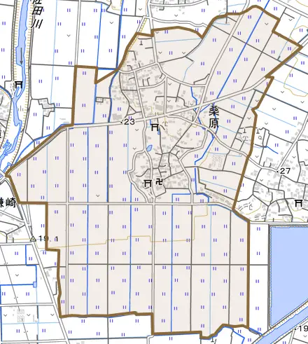 桑原とその周辺の地図。町の範囲を重ねている