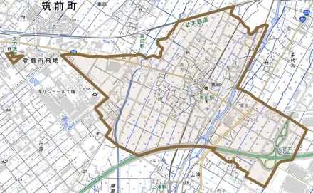 馬田とその周辺の地図。町の範囲を重ねている