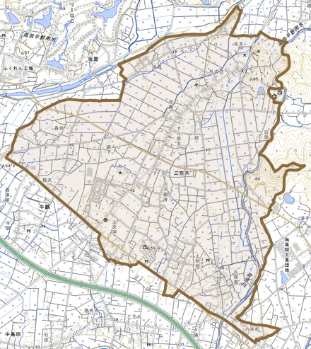 三奈木とその周辺の地図。町の範囲を重ねている